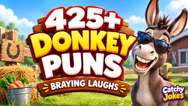 Funny donkey puns thumbnail featuring a smiling cartoon donkey and bold 3D lettering.