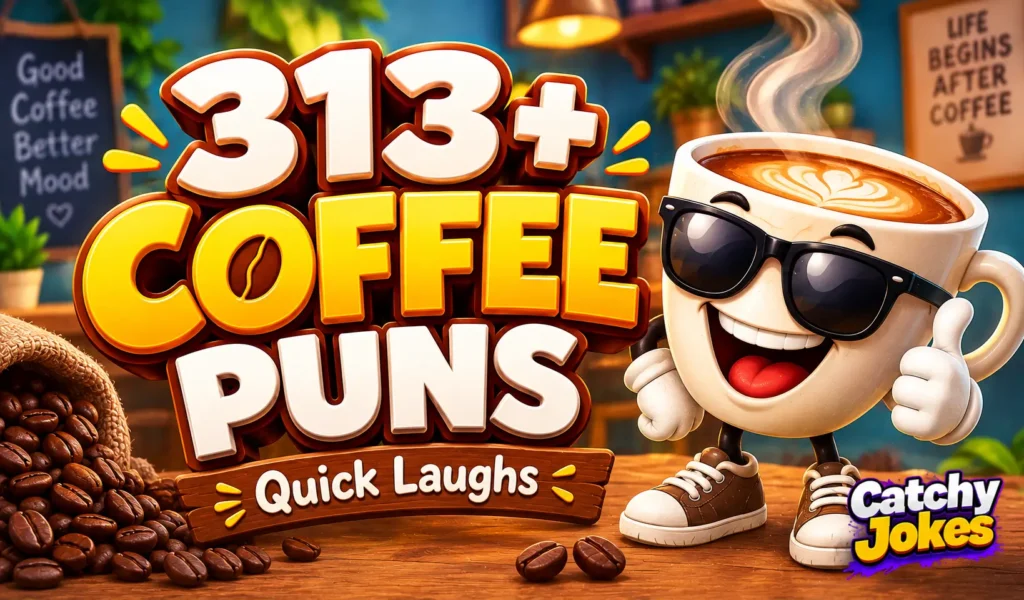 Funny coffee puns thumbnail with a smiling cartoon coffee cup wearing sunglasses beside bold 3D text.