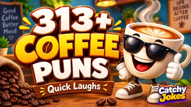 Funny coffee puns thumbnail with a smiling cartoon coffee cup wearing sunglasses beside bold 3D text.