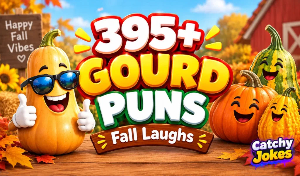 Gourd puns thumbnail featuring smiling cartoon gourds and pumpkins beside bold 3D lettering in an autumn farm setting.