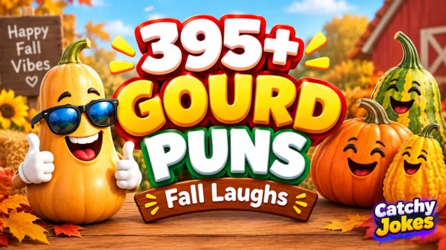 Gourd puns thumbnail featuring smiling cartoon gourds and pumpkins beside bold 3D lettering in an autumn farm setting.