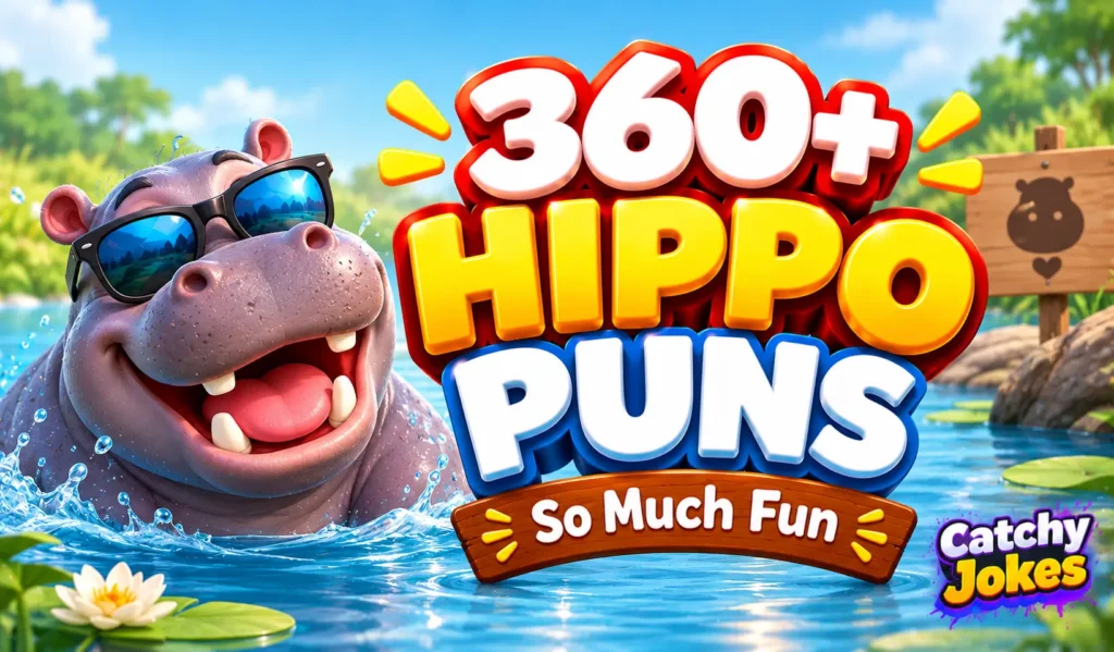 Hippo puns thumbnail featuring a smiling cartoon hippo in sunglasses beside bold 3D lettering.