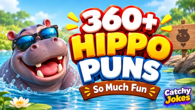 Hippo puns thumbnail featuring a smiling cartoon hippo in sunglasses beside bold 3D lettering.