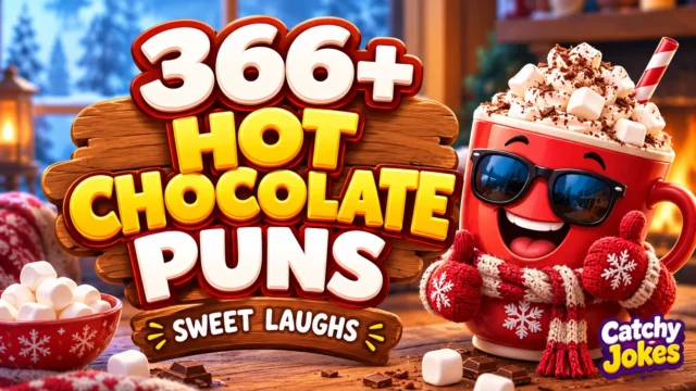 Hot chocolate puns thumbnail with a cheerful cocoa mug and bold 3D lettering