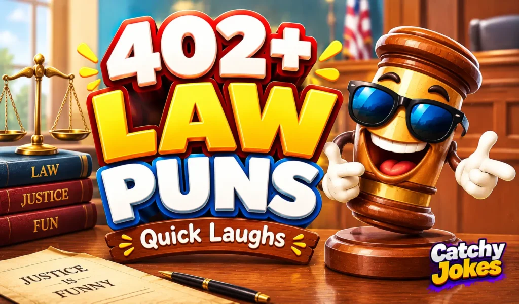 Law puns thumbnail featuring a smiling cartoon gavel wearing sunglasses beside bold 3D law puns text.