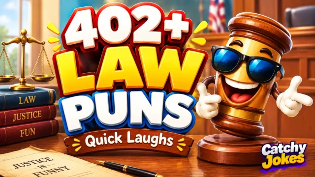 Law puns thumbnail featuring a smiling cartoon gavel wearing sunglasses beside bold 3D law puns text.
