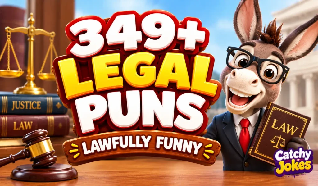 Legal puns thumbnail with bold 3D lettering, a smiling cartoon donkey lawyer, a gavel, and justice scales.