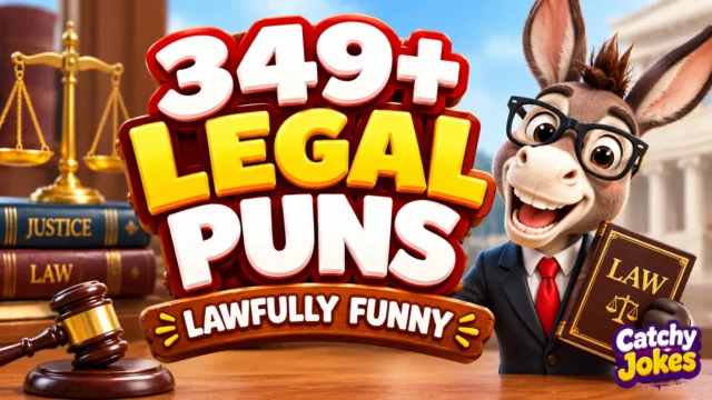 Legal puns thumbnail with bold 3D lettering, a smiling cartoon donkey lawyer, a gavel, and justice scales.