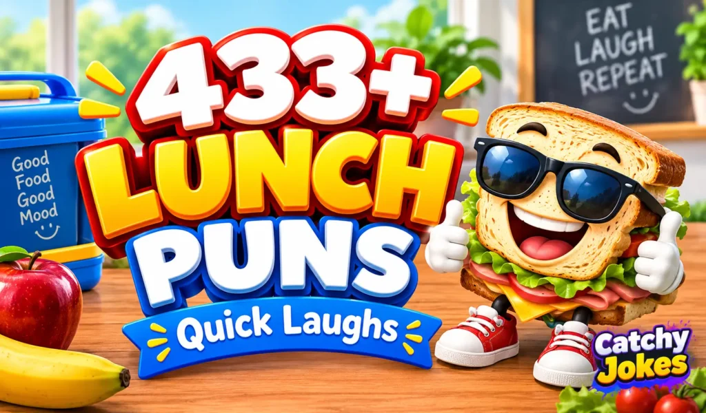 Lunch puns thumbnail featuring a smiling cartoon sandwich wearing sunglasses beside colorful 3D lunch puns text.