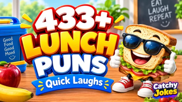 Lunch puns thumbnail featuring a smiling cartoon sandwich wearing sunglasses beside colorful 3D lunch puns text.
