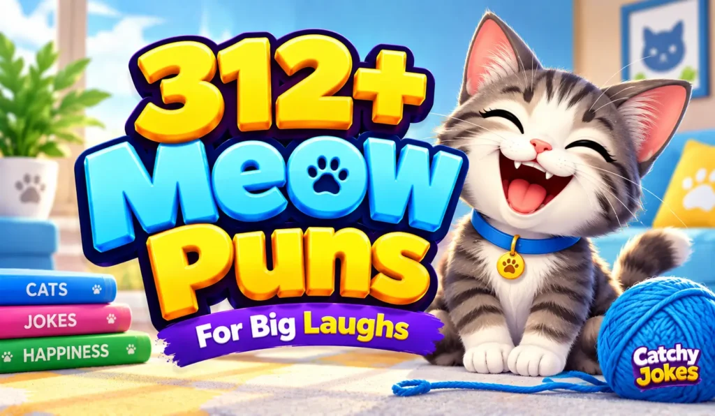 312+ meow puns in bold 3D text with a cute, laughing tabby kitten