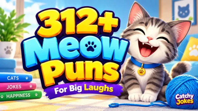 312+ meow puns in bold 3D text with a cute, laughing tabby kitten