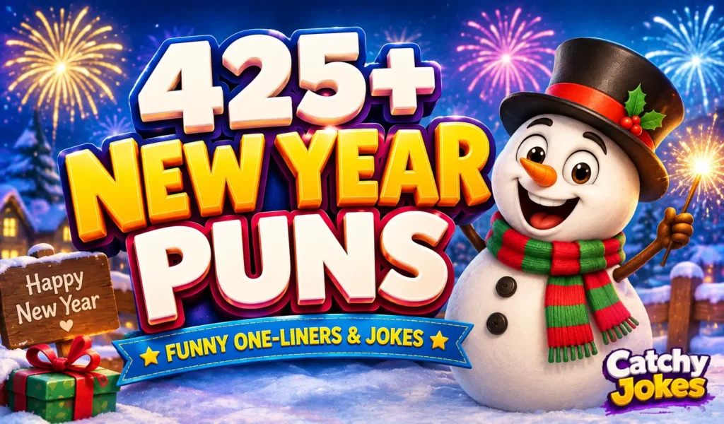 New year puns thumbnail with bold 425+ text, a festive snowman, fireworks, and Catchy Jokes watermark.
