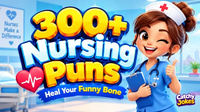 300+ nursing puns in bold 3D text with a cheerful cartoon nurse and hospital background