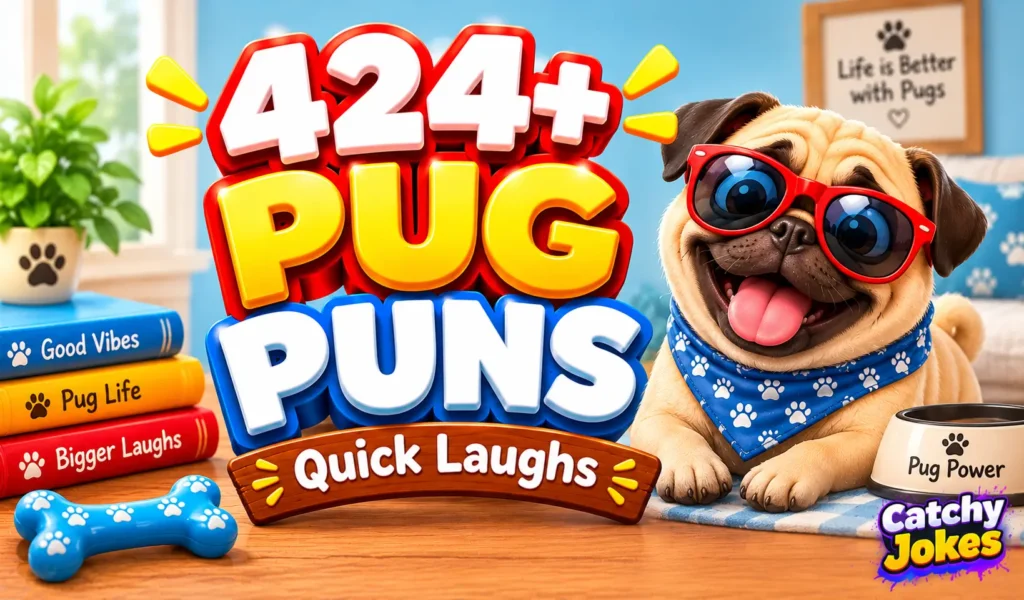 Pug puns thumbnail featuring a smiling cartoon pug in red sunglasses and a blue bandana beside bold 3D text.