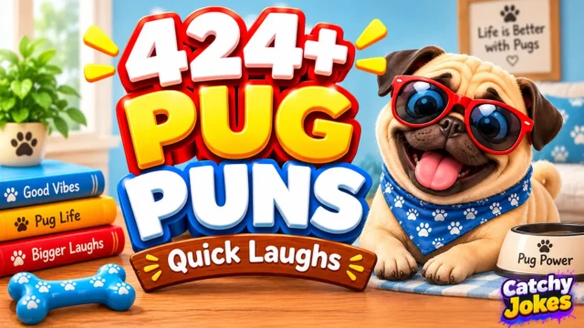 Pug puns thumbnail featuring a smiling cartoon pug in red sunglasses and a blue bandana beside bold 3D text.