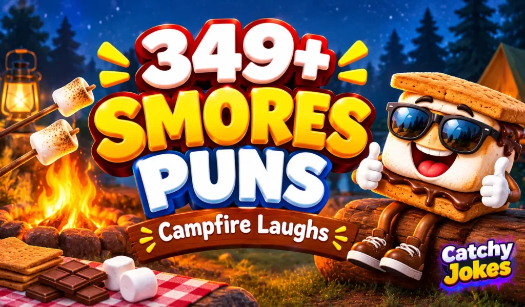 Smores puns thumbnail featuring a smiling cartoon s’more in sunglasses beside bold 3D lettering and a glowing campfire.