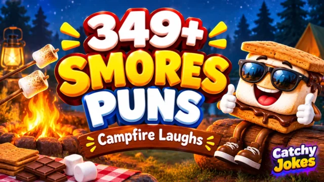 Smores puns thumbnail featuring a smiling cartoon s’more in sunglasses beside bold 3D lettering and a glowing campfire.