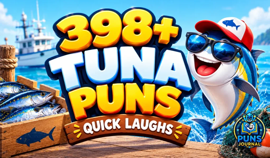 Tuna puns thumbnail featuring 398+ tuna puns, a smiling cartoon tuna wearing sunglasses, and a sunny seaside dock.