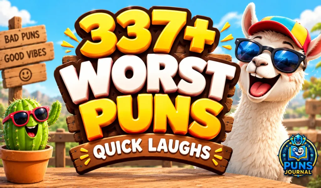 Worst puns thumbnail featuring 337+ worst puns, a laughing cartoon llama, and a smiling cactus.
