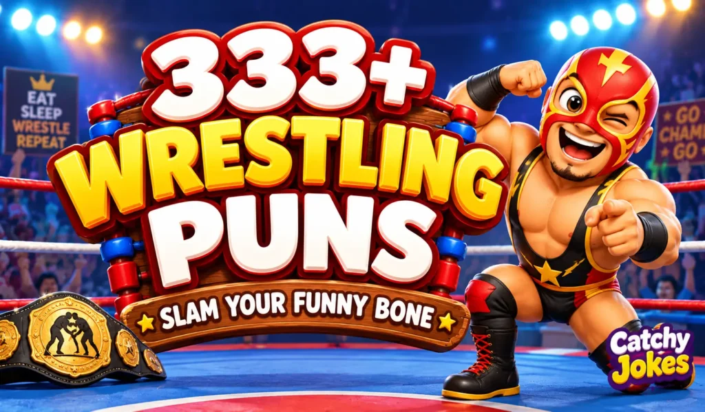 Wrestling puns thumbnail with bold 3D wrestling text and a colorful cartoon wrestler in a ring.