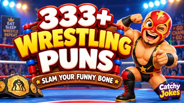 Wrestling puns thumbnail with bold 3D wrestling text and a colorful cartoon wrestler in a ring.