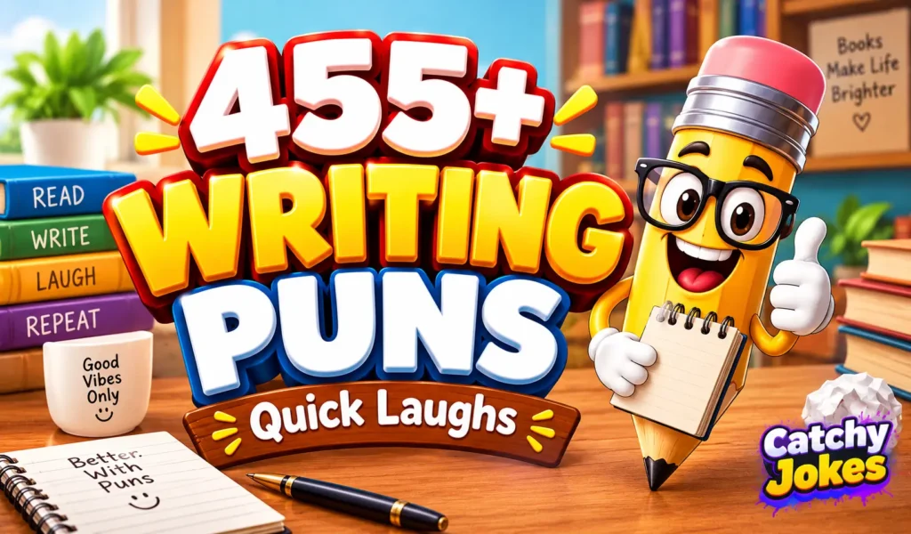 Writing puns thumbnail featuring a smiling cartoon pencil with glasses beside bold 3D writing puns text.