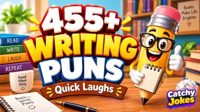 Writing puns thumbnail featuring a smiling cartoon pencil with glasses beside bold 3D writing puns text.
