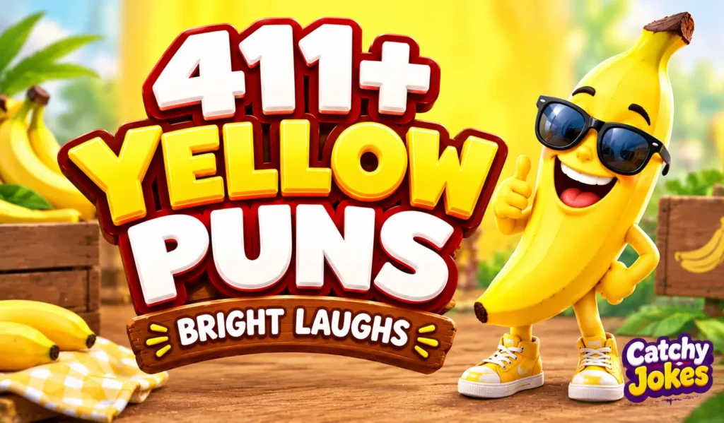 Yellow puns thumbnail featuring bold 3D yellow lettering and a cheerful cartoon banana wearing sunglasses.